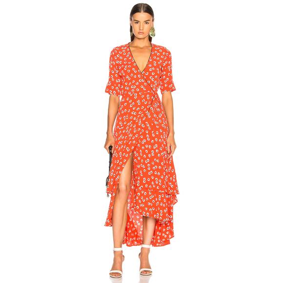 [Ganni] Silvery Crepe V-Neck Floral Print Wrap Red Apple Maxi Dress Size Large L - Picture 14 of 14
